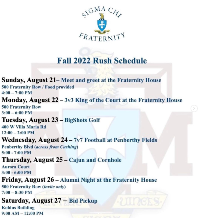 Fall 2022 Rush Schedule